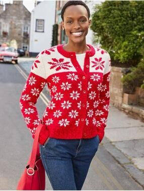 Talbots Women’s Red White Snowflake Chunky‎ Knit Button Cardigan Sweater Small P